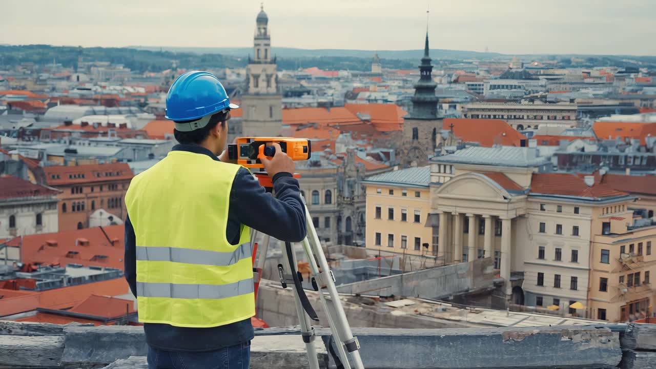 Ingegnere o geometra su un tetto che utilizza attrezzature topografiche con uno skyline cittadino sullo sfondo