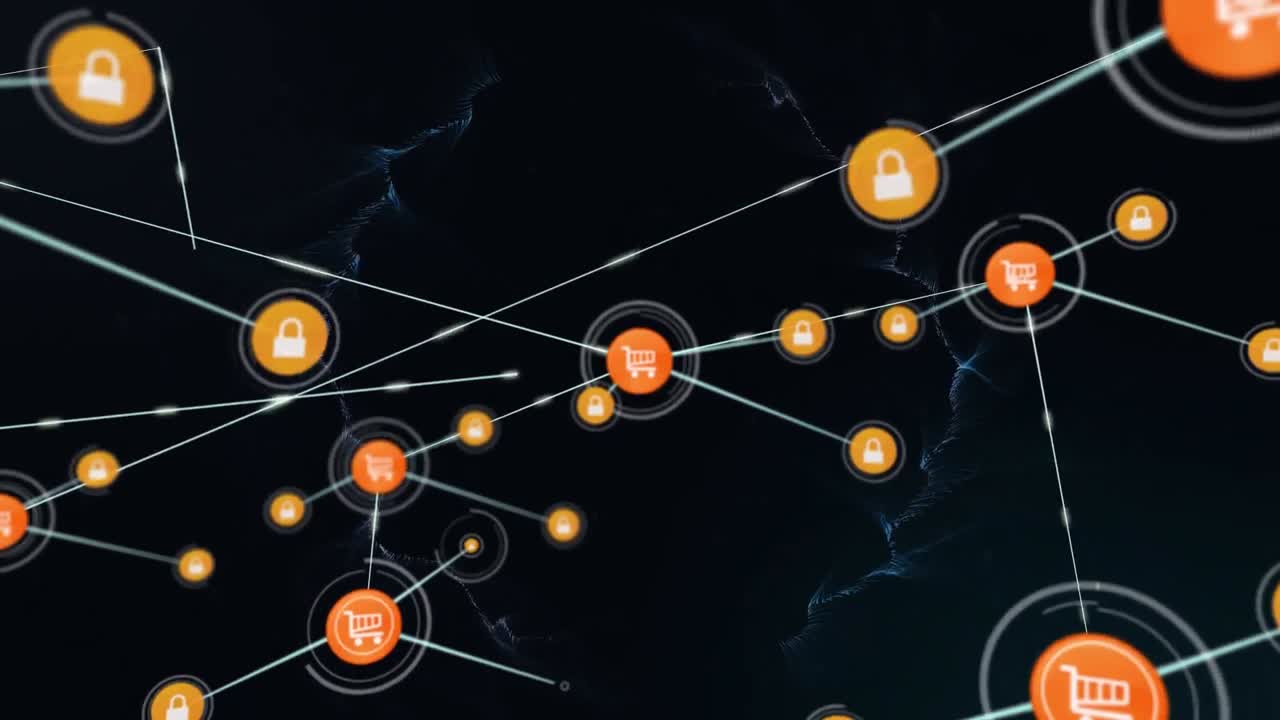 Animazione di una rete di connessioni con icone digitali di carrelli per acquisti online