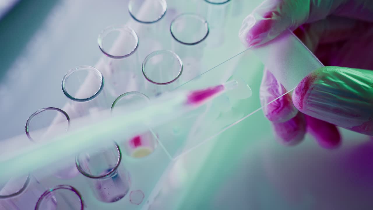 Gloved Hand Pipetting Red Liquid onto Microscope Slide in Laboratory