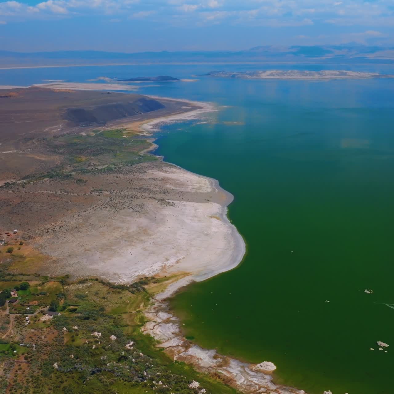 Mono Lake in Mono County, California. Amazing scenery of calm waters of diverse colors from aerial perspective