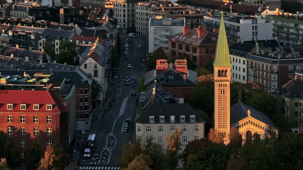Aerial drone view of Vesterbro district in Copenhagen, Denmark at sunset