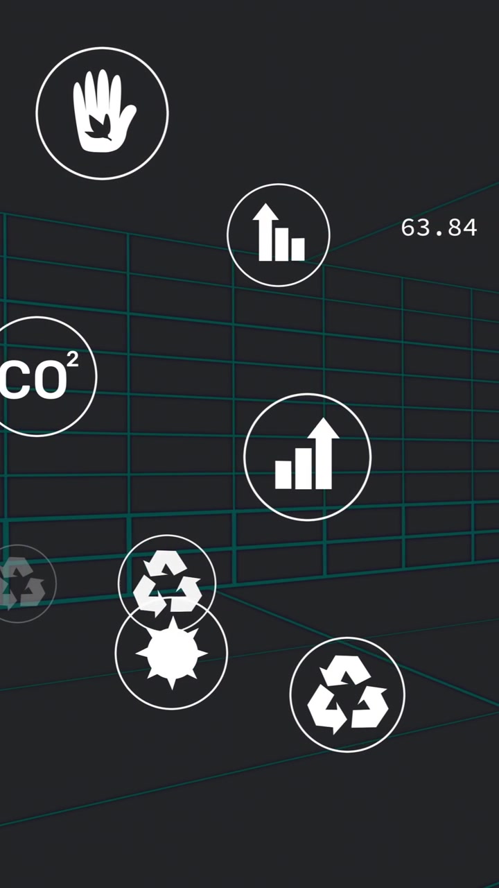 Animation of coding elements and environmental data icons floating over digital grid