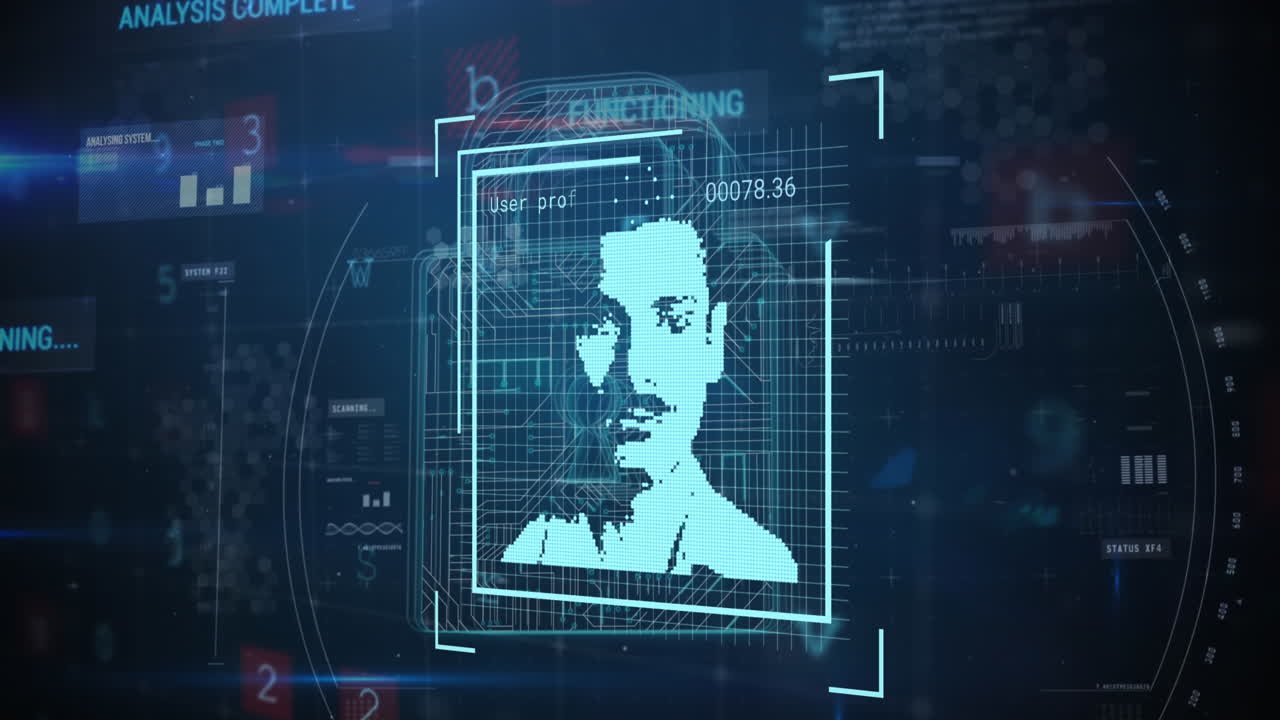 анимация сканирования масштаба на значках профиля, значке замка безопасности, обработке данных кибербезопасности