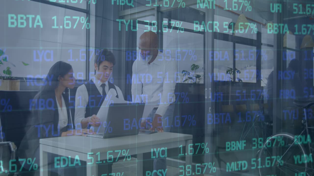 Animation of financial data processing over business people in office