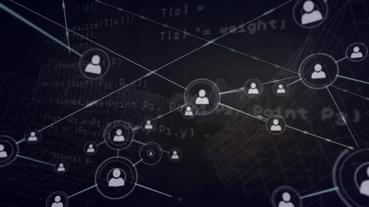 Animation of networks of connections with icons over data processing