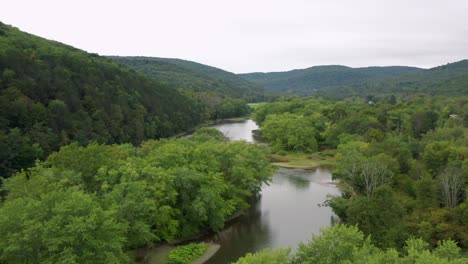 great drone aerial reveal through the trees of the susquehanna river in pennsylvania