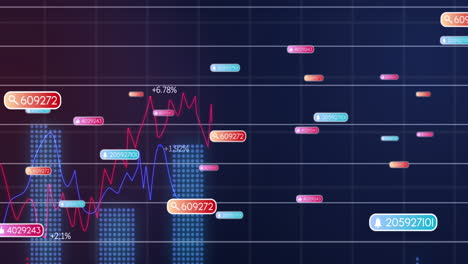 Animation-Von-Social-Media-Symbolen,-Die-über-Der-Statistischen-Datenverarbeitung-Vor-Blauem-Hintergrund-Schweben