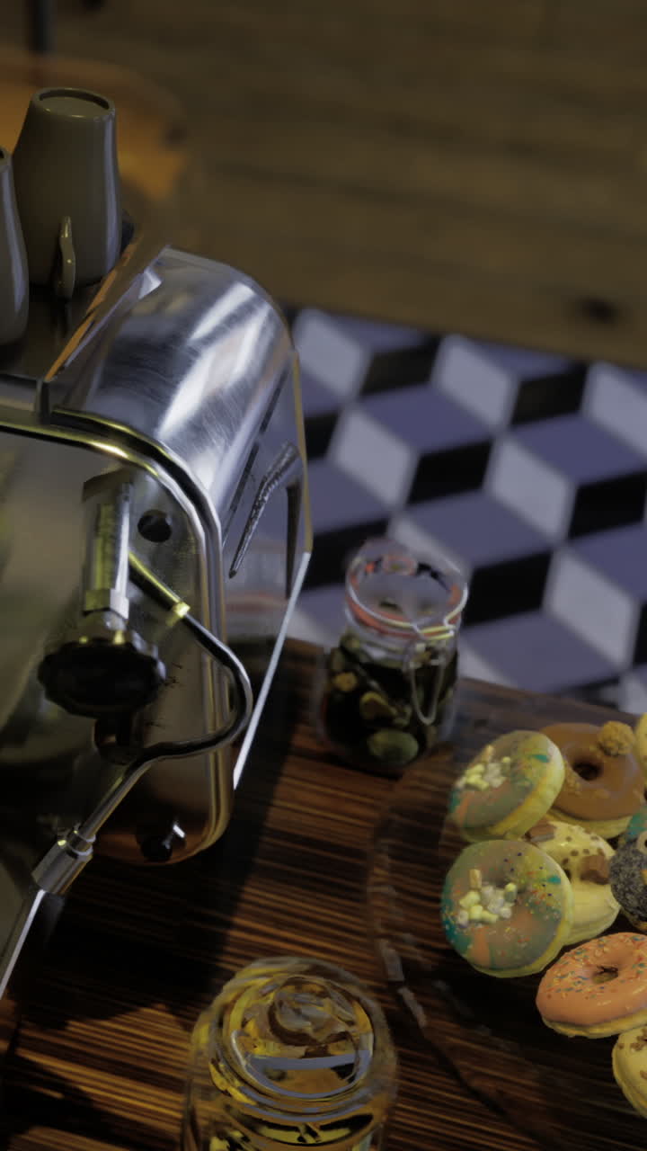 Coffee machine with baked goods on table and wooden background