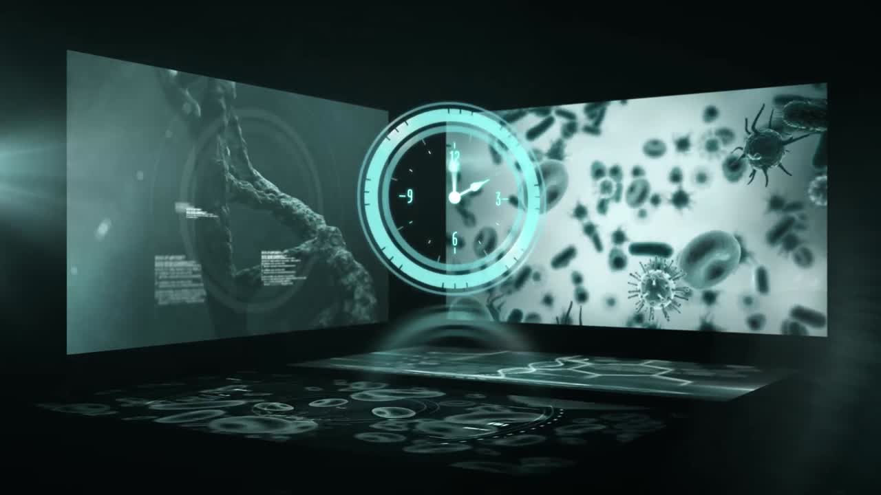 animación del procesamiento de datos y el reloj sobre fondo negro