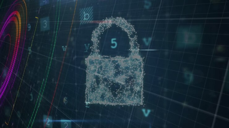 Animation of security padlock over data processing on dark background