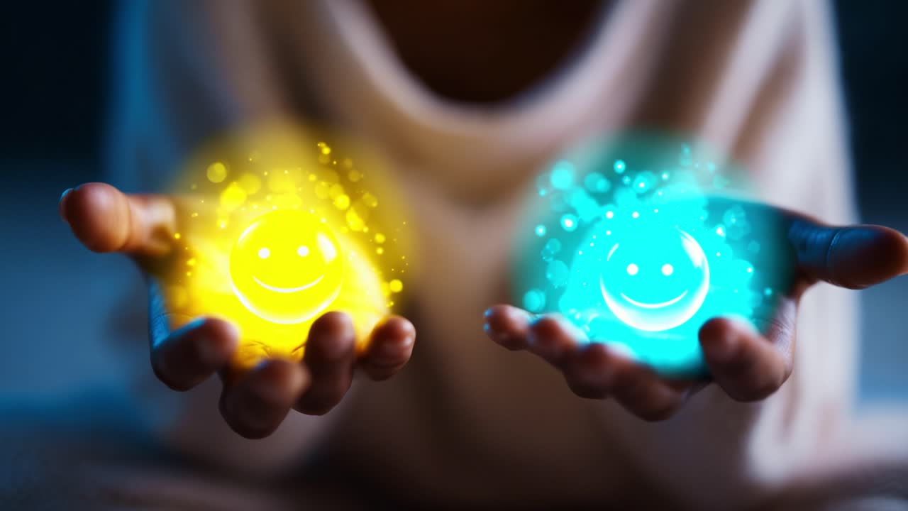 A Captivating Moment of Joy: A Person Holding Vibrant Yellow and Blue Energy Orbs Smiling in Each Hand, Radiating Positivity and Playfulness in a Dreamlike Atmosphere