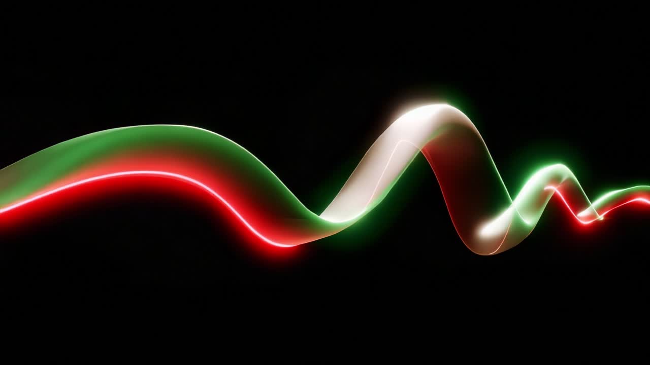 Flowing Waves of Light: Captivating Visual Dynamics with Flowing Red, Green, and White Illuminations on a Dark Background, Creating a Mesmerizing Display of Movement and Color Gradients Exudes Energy