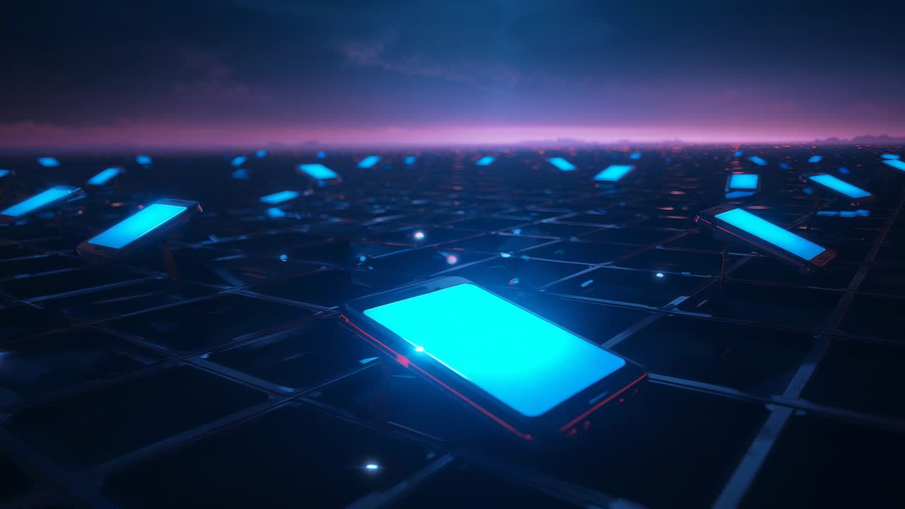 Pulling back camera tilting revealing cyan phones on grid, with pulsing nodes, pink-purple horizon