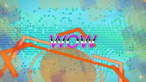 Animation-Eines-Wow-Textbanners-über-Abstrakten-Formen-Und-Mosaikquadraten-Auf-Blauem-Hintergrund-Mit-Farbverlauf
