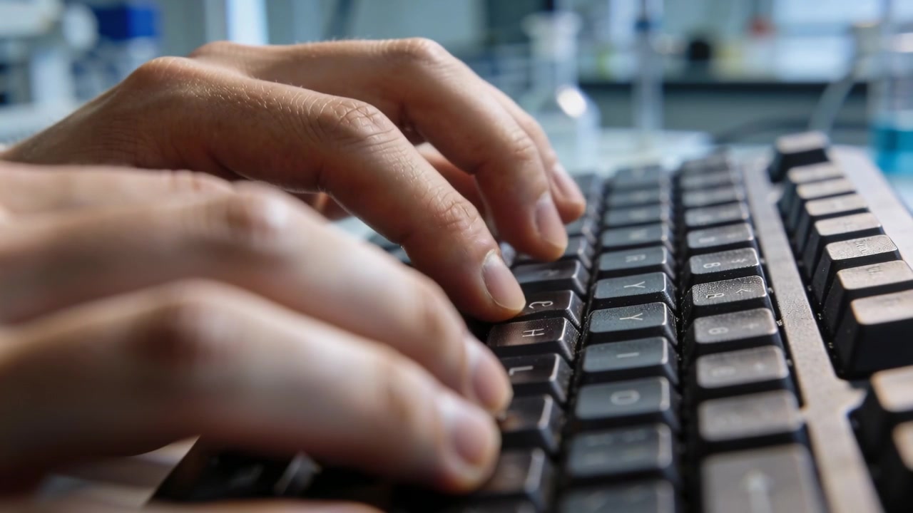 Hovering fingers initiating adult hands typing on keyboard at desk, showing blurred bottles nearby