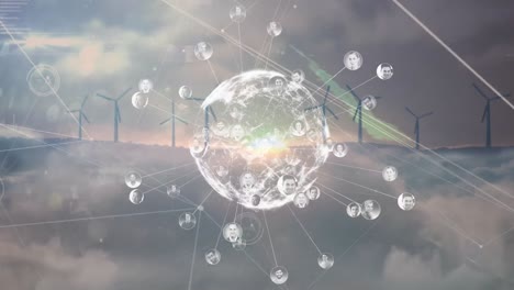 animation of clouds, connections and globe over wind turbines