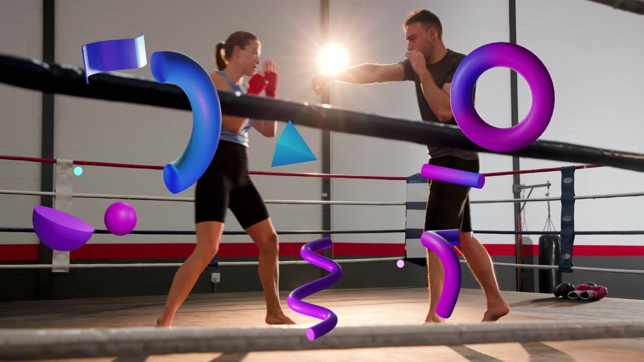 On start female boxer and man training sparring in boxing ring, purple 3D shapes passing ropes
