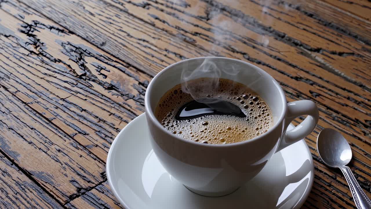 Una taza de café humeante sobre una mesa rústica de madera, capturada desde un ángulo alto