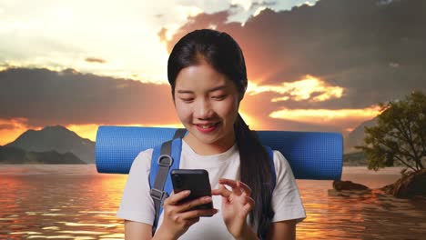 close up of asian female hiker with mountaineering backpack enjoy using smartphone at a lake