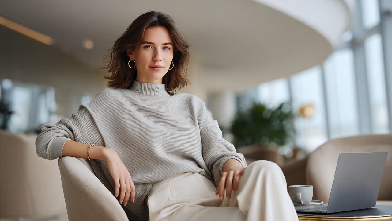 Contemplative Young Woman Relaxing in Modern Lounge with Laptop and Coffee, Embracing a Calm and Productive Atmosphere