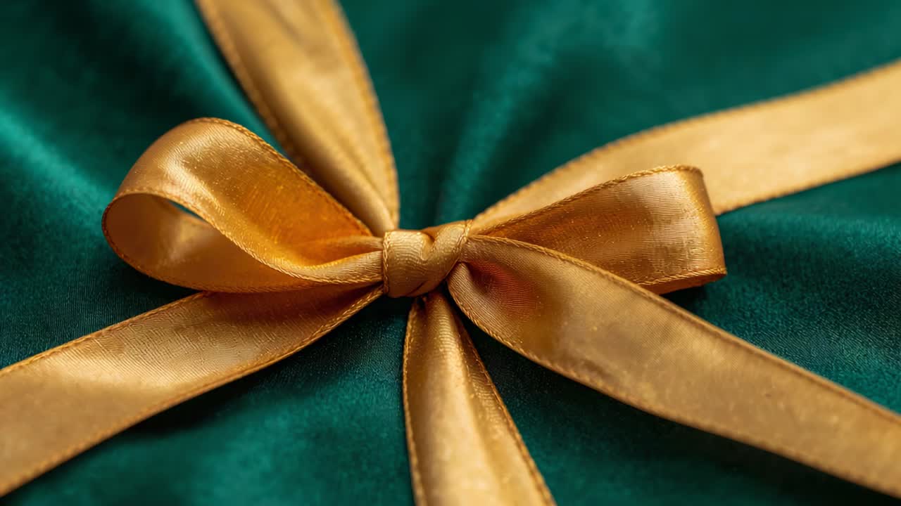 Câmera rotativa capturando um laço de fita de cetim dourado sobre veludo verde esmeralda, enfatizando o detalhe do nó