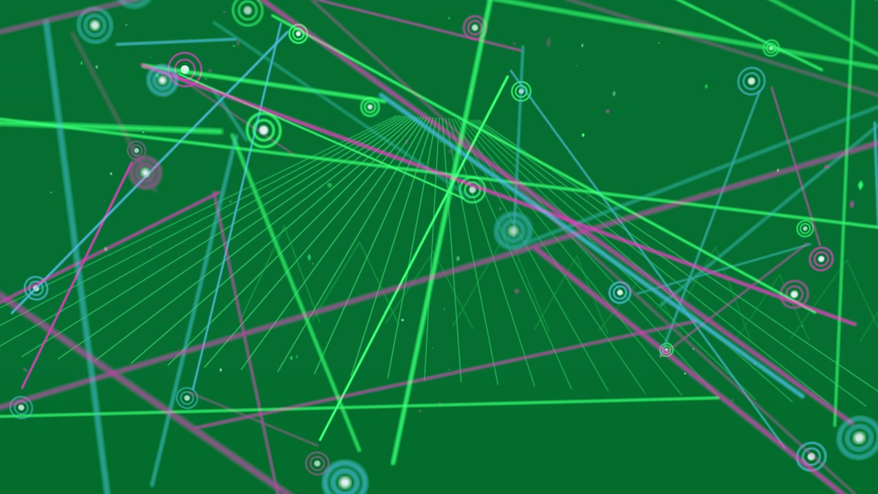 Edge-spawned neon rods moving inward, crossing green grid forming lattice on transparent background