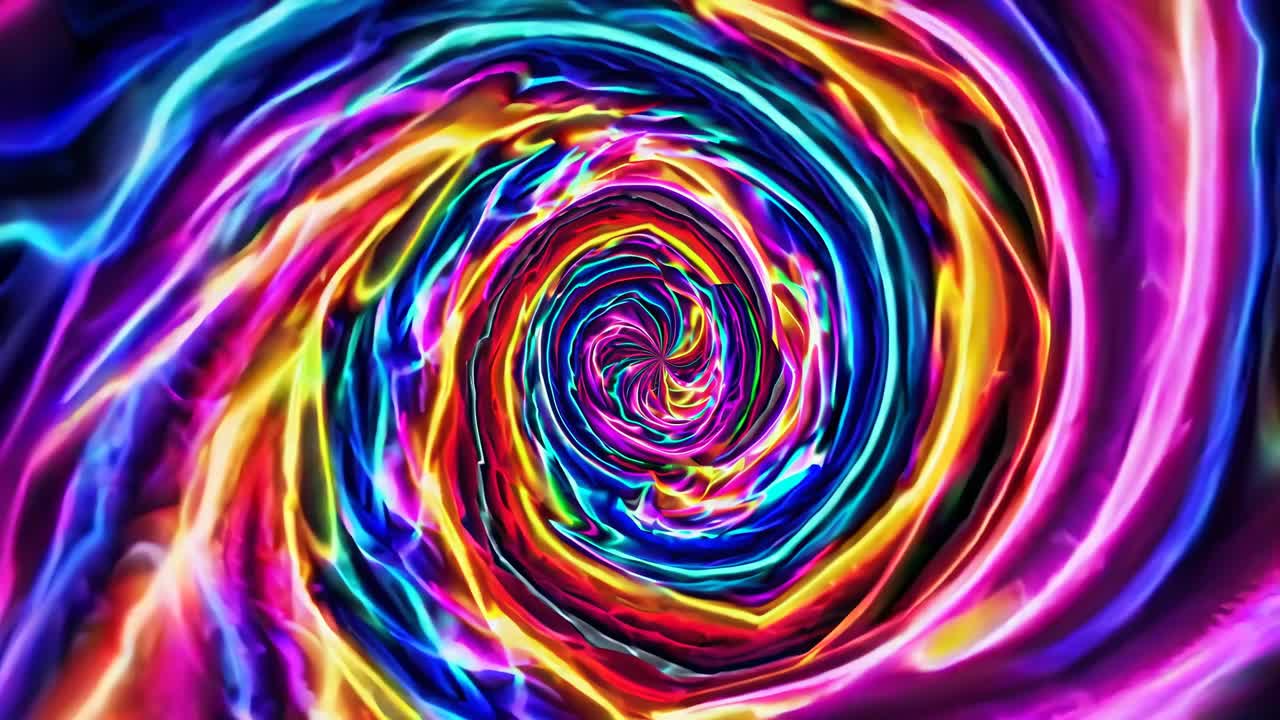 A vibrant, swirling vortex of neon colors, captured from a top-down angle, resembling a psychedelic