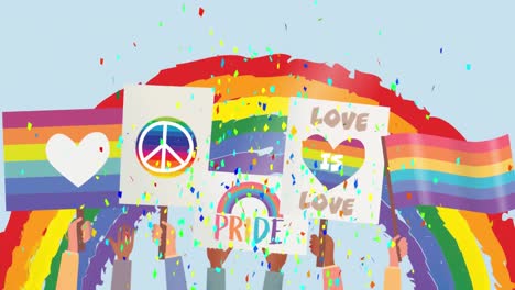 animation of rainbow with hands holding rainbow flags, love and peace signs, and confetti on blue