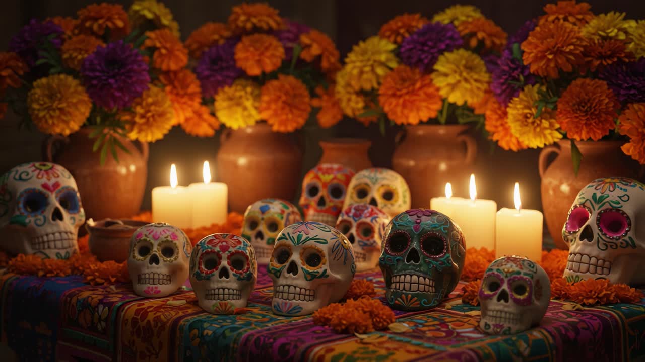 A Vibrant Altar Display Featuring Colorful Sugar Skulls, Candles, and Marigold Flowers, Celebrating Tradition and Remembrance in a Festive Setting