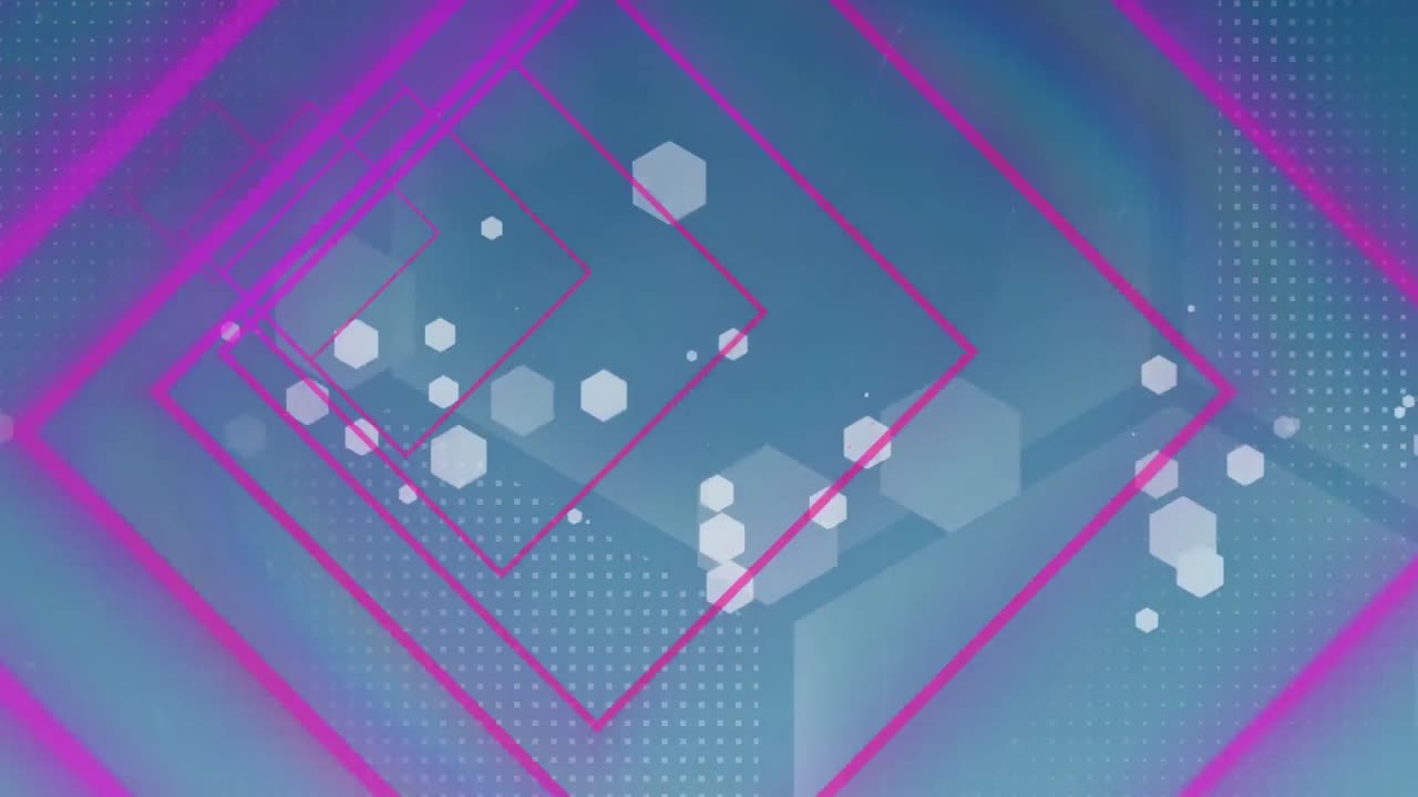 Animación de formas hexagonales y cuadradas moviéndose sobre un fondo azul