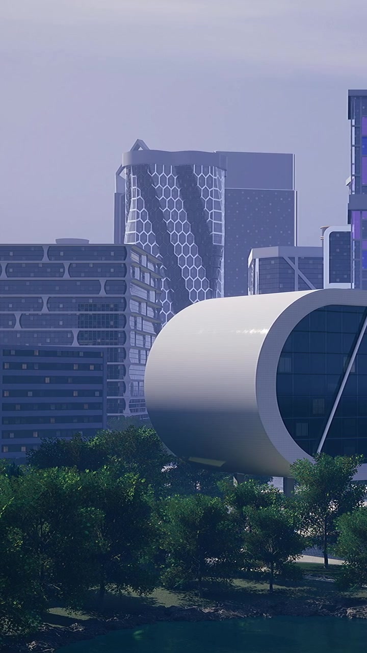 Edifícios modernos perto de um corpo d'água em uma paisagem urbana ao anoitecer.