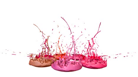 las pinturas 3d bailan en 4k sobre un fondo blanco. simulación de salpicaduras de tinta en un altavoz musical que reproduce música. hermosas salpicadures como un fondo brillante en ultra alta calidad. sombras de versión de rojo 18