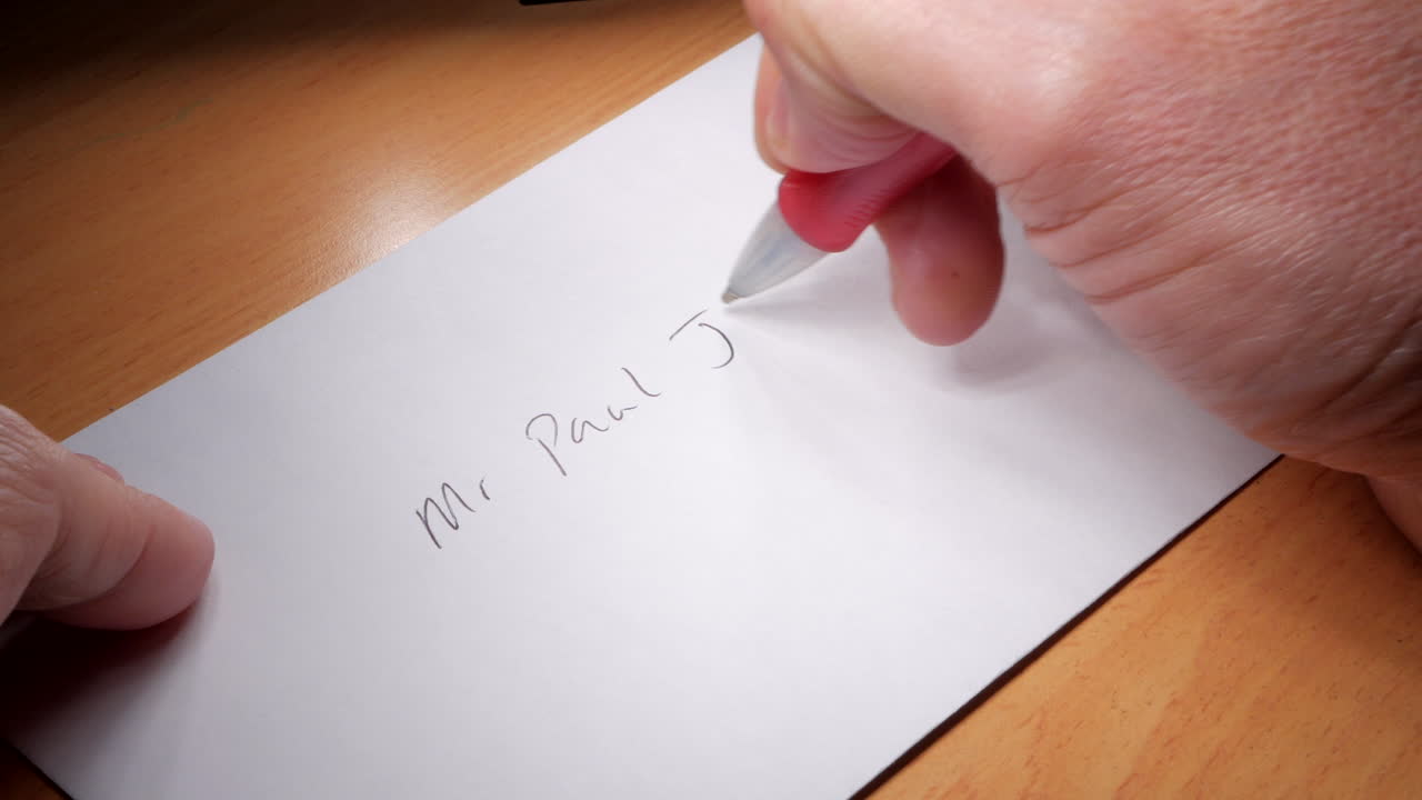 Man writes an address on a white envelope