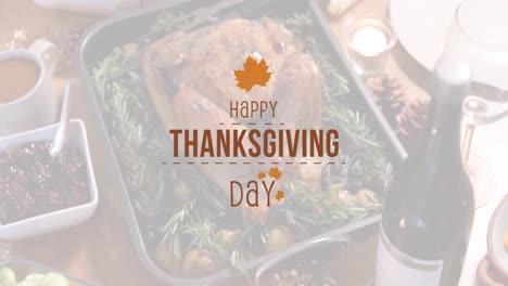 Animation-of-happy-thanksgiving-day-text-over-roast-turkey-and-thanksgiving-meal