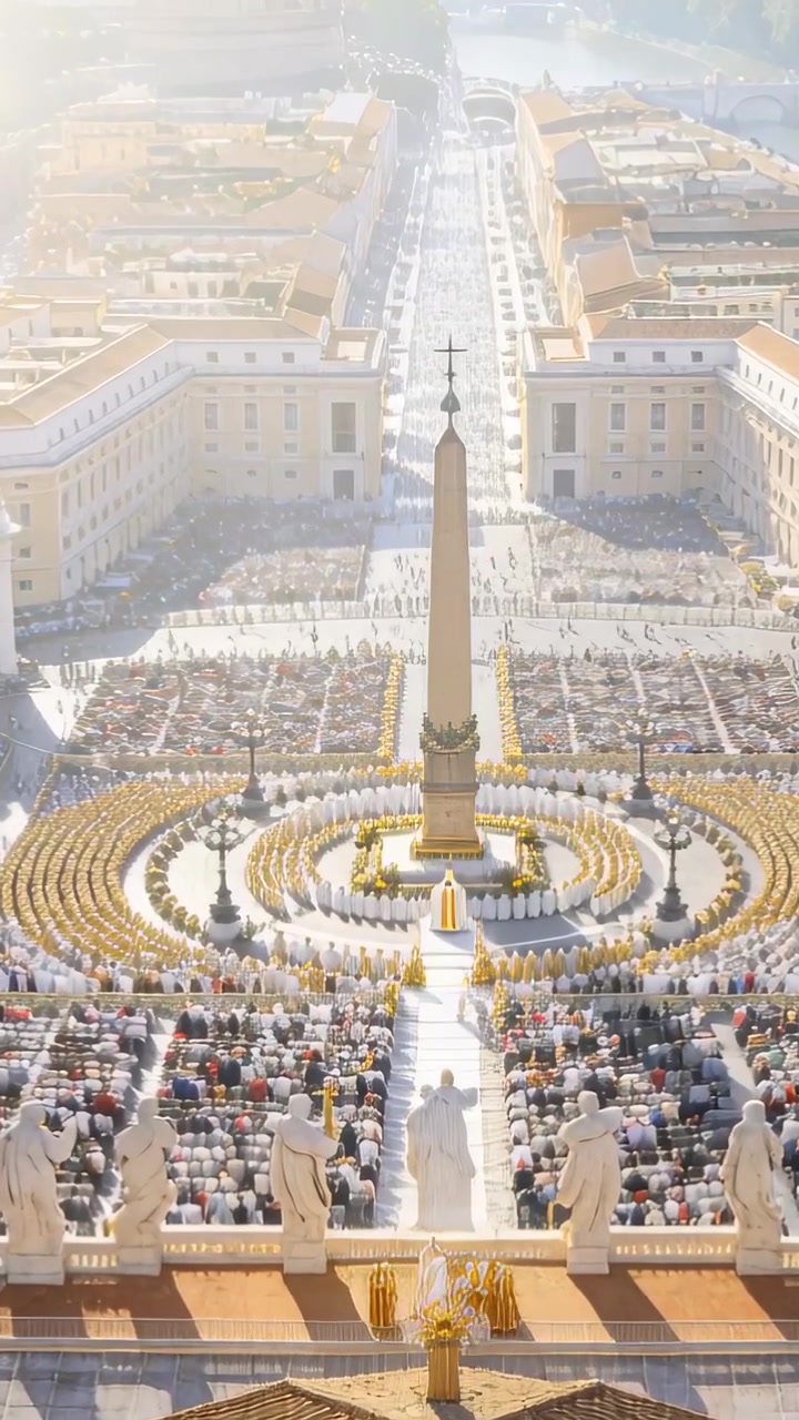 Video verticale: Drone che inquadra e filma l'obelisco di una piazza mentre il clero dorato cammina lungo un corridoio bianco per un rituale
