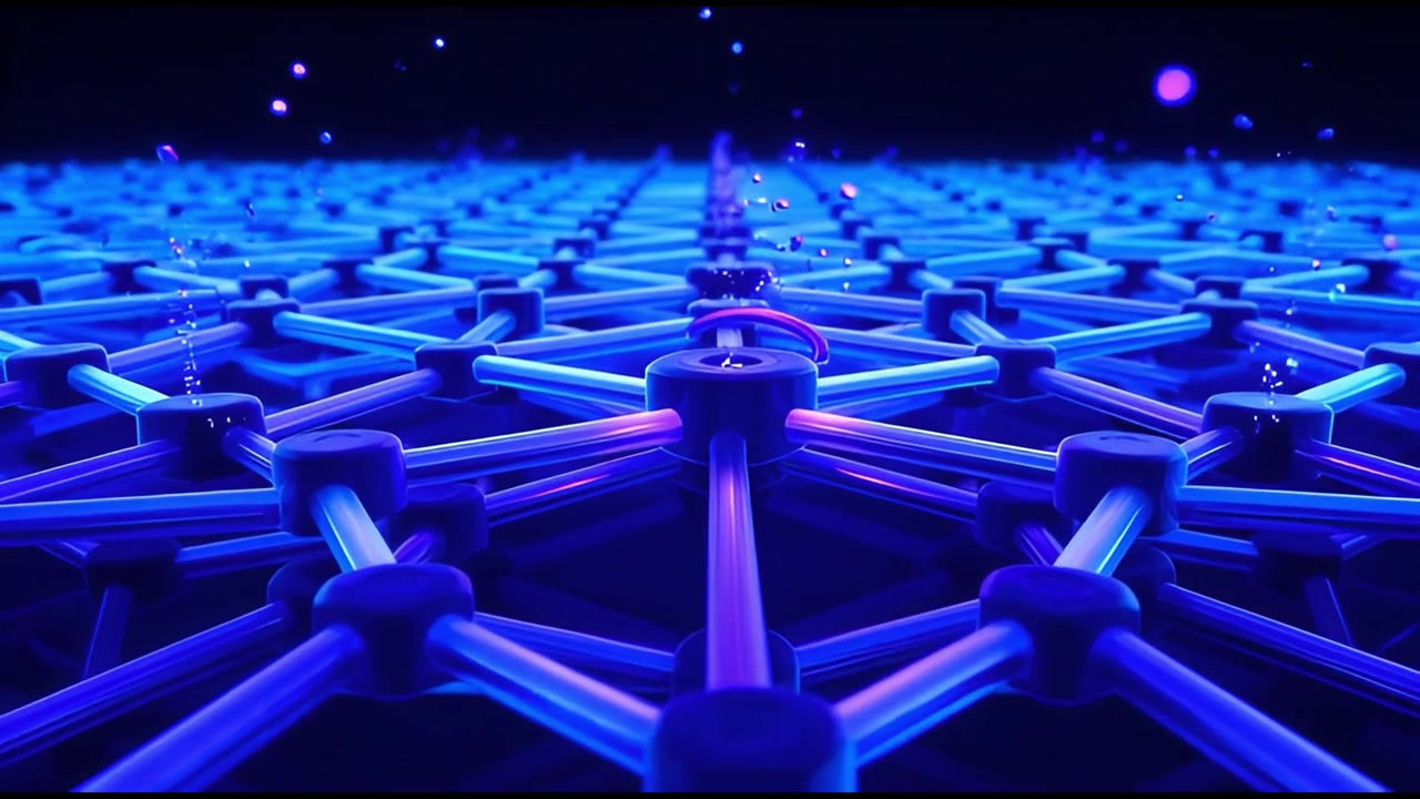 Griglia Digitale Astratta con Particelle Blu Luminose e Connessioni Fluttuanti