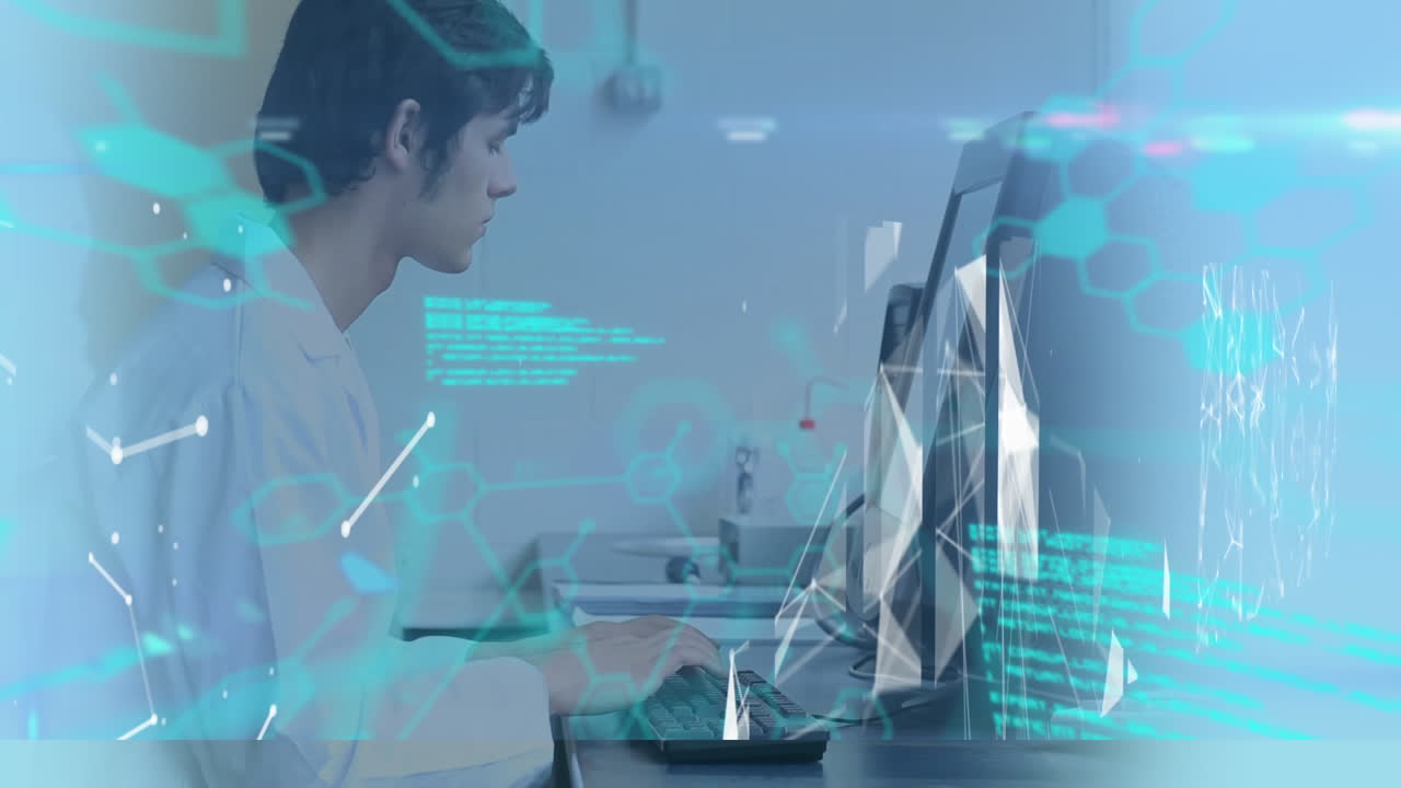 미래의 비디오는 남성 의료 종사자가 의료 데이터를 디지털로 처리하는 것을 보여줍니다.