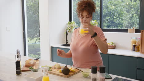 preparing healthy meal, woman using smartphone in modern kitchen setting