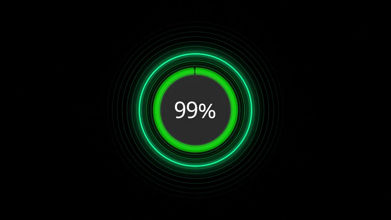 Futuristic green status circle animation rotating arcs numeric percent display black tech background