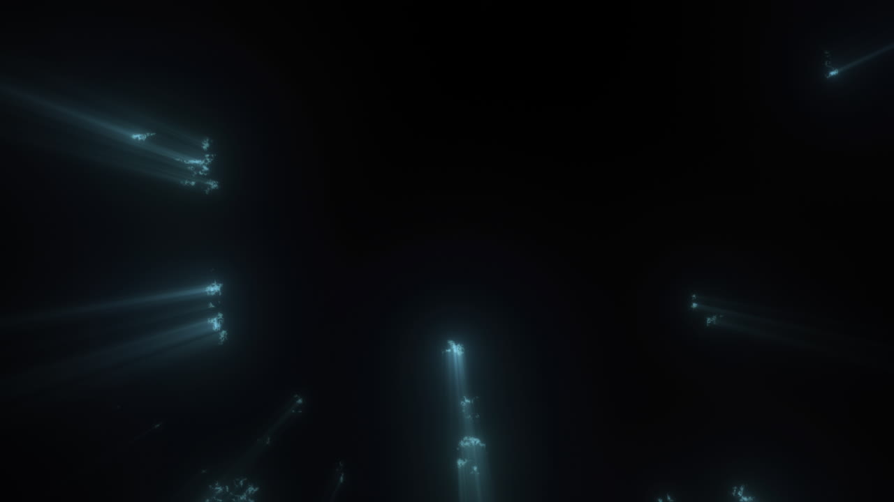 Pulsing Blue Light God Rays Shining Revealing Large Hidden Structure on Black Background. Deep Glowing Abstract Colorful Sci-Fi Atomic Dynamic Energy Effect