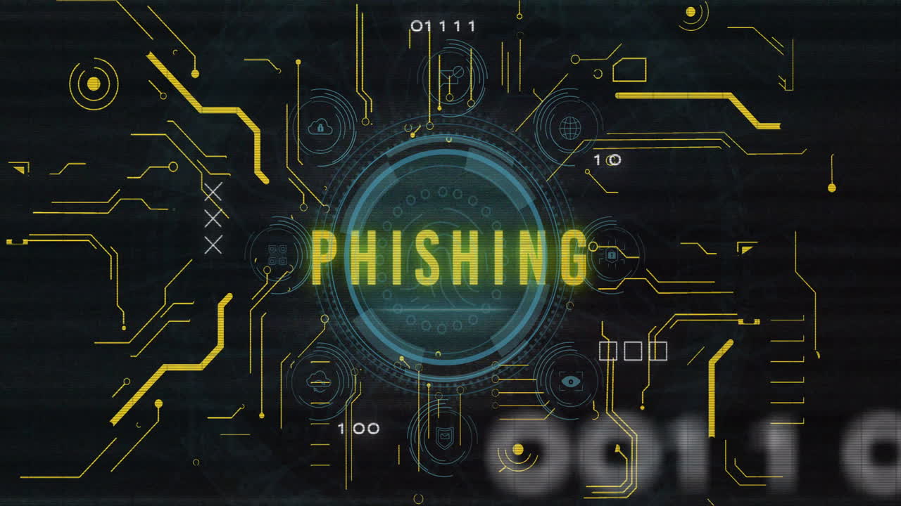 Animation of phishing text and digital data processing over black background