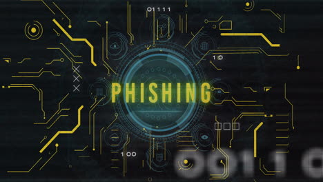 animation of phishing text and digital data processing over black background