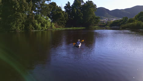 agua, árboles y disparo de drones de personas en kayak