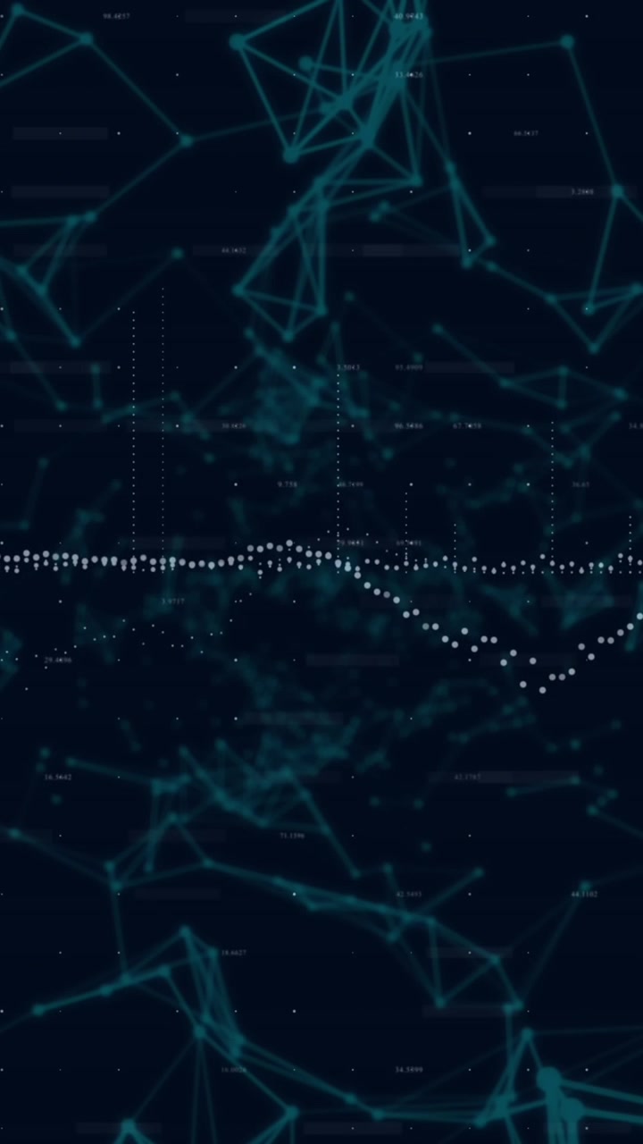 Animation of data processing and network of connections against black background