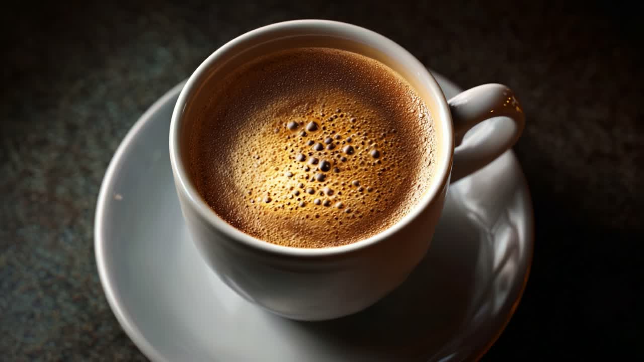 Primo piano di una deliziosa tazza di caffè con schiuma e consistenze ricche, che mette in mostra la miscela perfetta e l'arte di gustare una bevanda di qualità