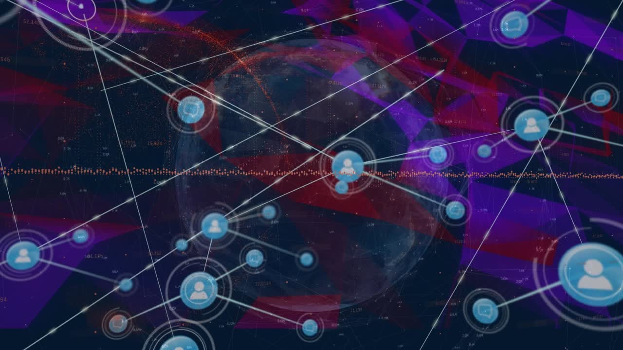 Animation af netværk af forbindelser med ikoner over mand, der skriver på udklipsblok på lager