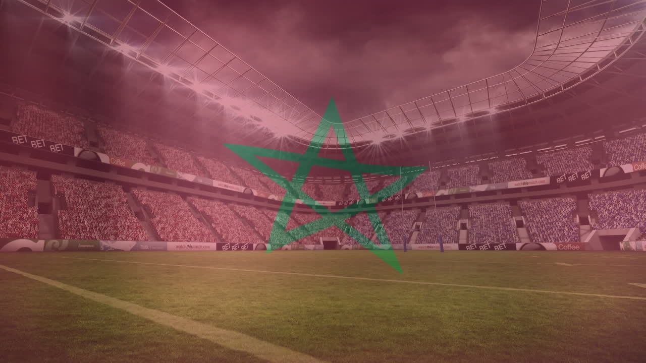 animación de la bandera de marruecos ondeando contra la vista de un estadio deportivo