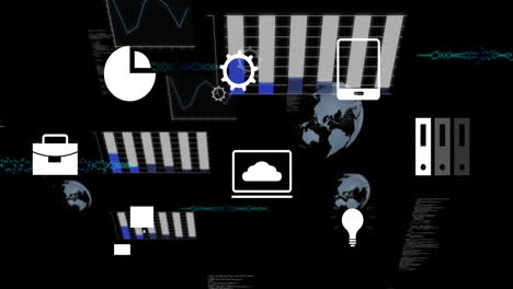 charts, graphs, and technology icons animation over dark background with data visualizations