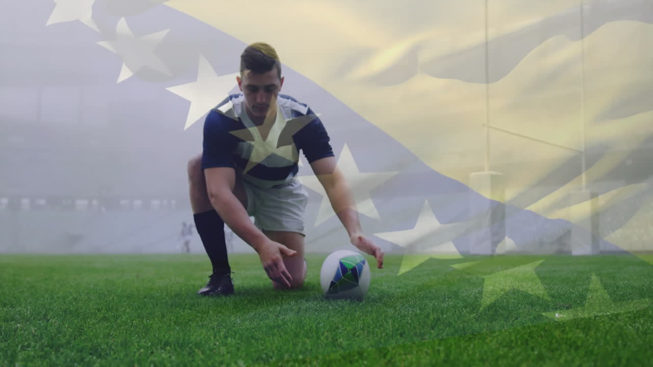 Giocatore che tiene un pallone da rugby sul campo, con animazione della bandiera sullo sfondo
