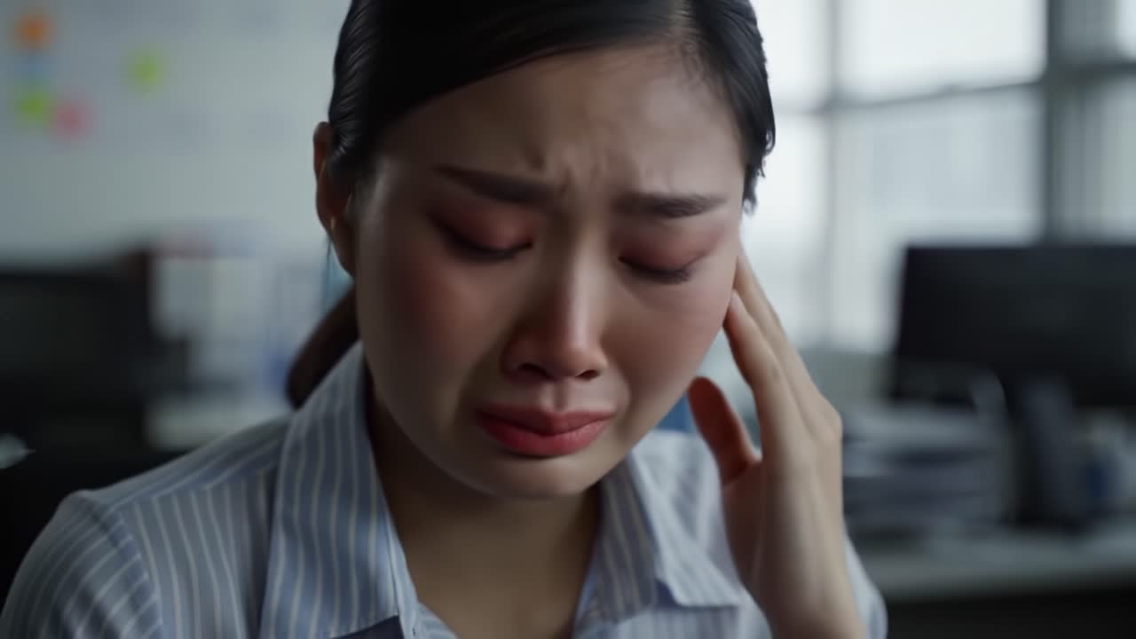 A young woman in an office environment experiences intense emotions while sitting at her desk. She covers her face, reflecting deep feelings of stress, sadness, and vulnerability.